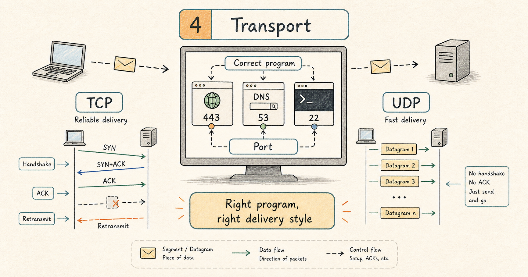 Transport layer showing ports delivering data to the correct program, with TCP reliability and UDP fast delivery